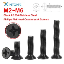 Black M2 M2.5 M3 M4 M5 M6 Cross Phillips Flat Head Countersunk Screws Bolt A2 304 Stainless Steel Length: 4mm-50mm