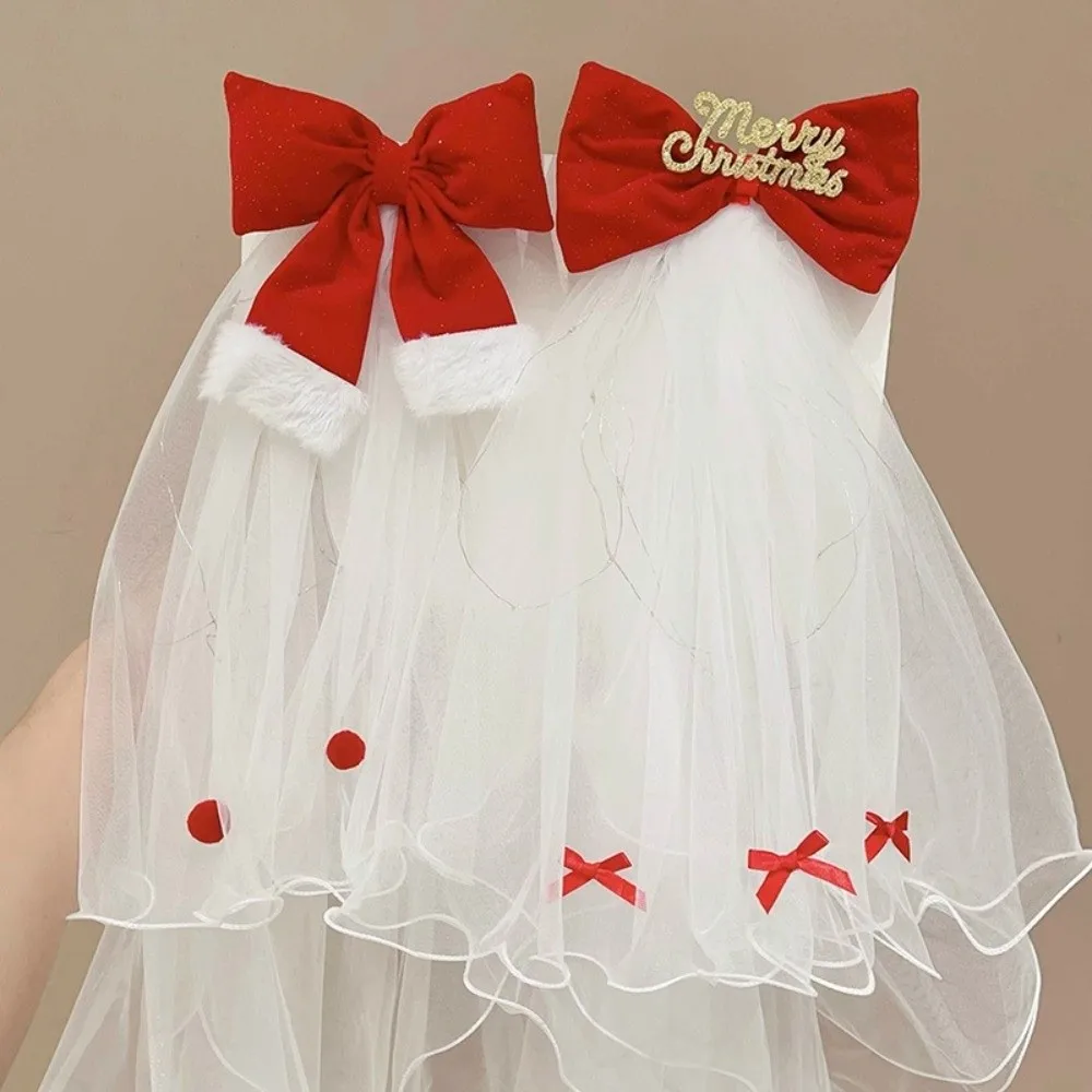 

Elegant Red Christmas Veil Headband Velvet Hair Band Bridal Tulle Photo Props Mesh Bow Veil Birthday Headdress