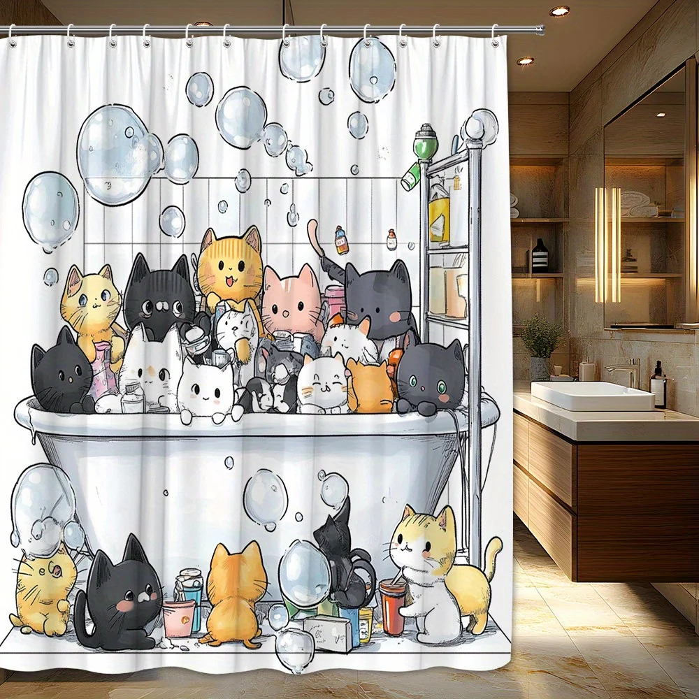 1pc Playful Cat Shower Curtain - Whimsical Polyester Bathroom Decor with Nine Adorable Cats in Bathtub Surrounded by Bubbles, Fu
