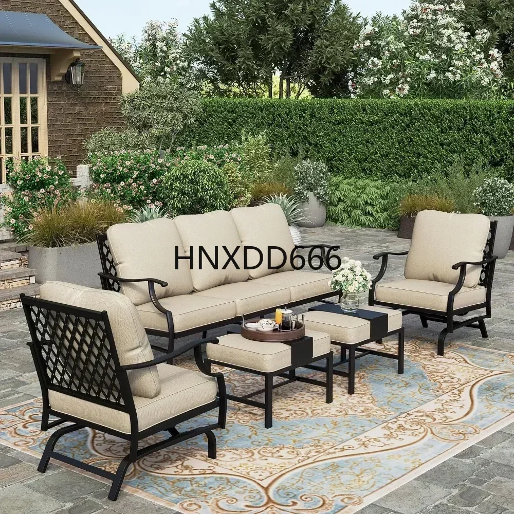 5 Pieces Patio Furniture Set,2 x Cushioned Rocking Chair, 2 x Ottoman,1 x 3-Seat Sofa 7 Seats Outdoor Conversation Sets