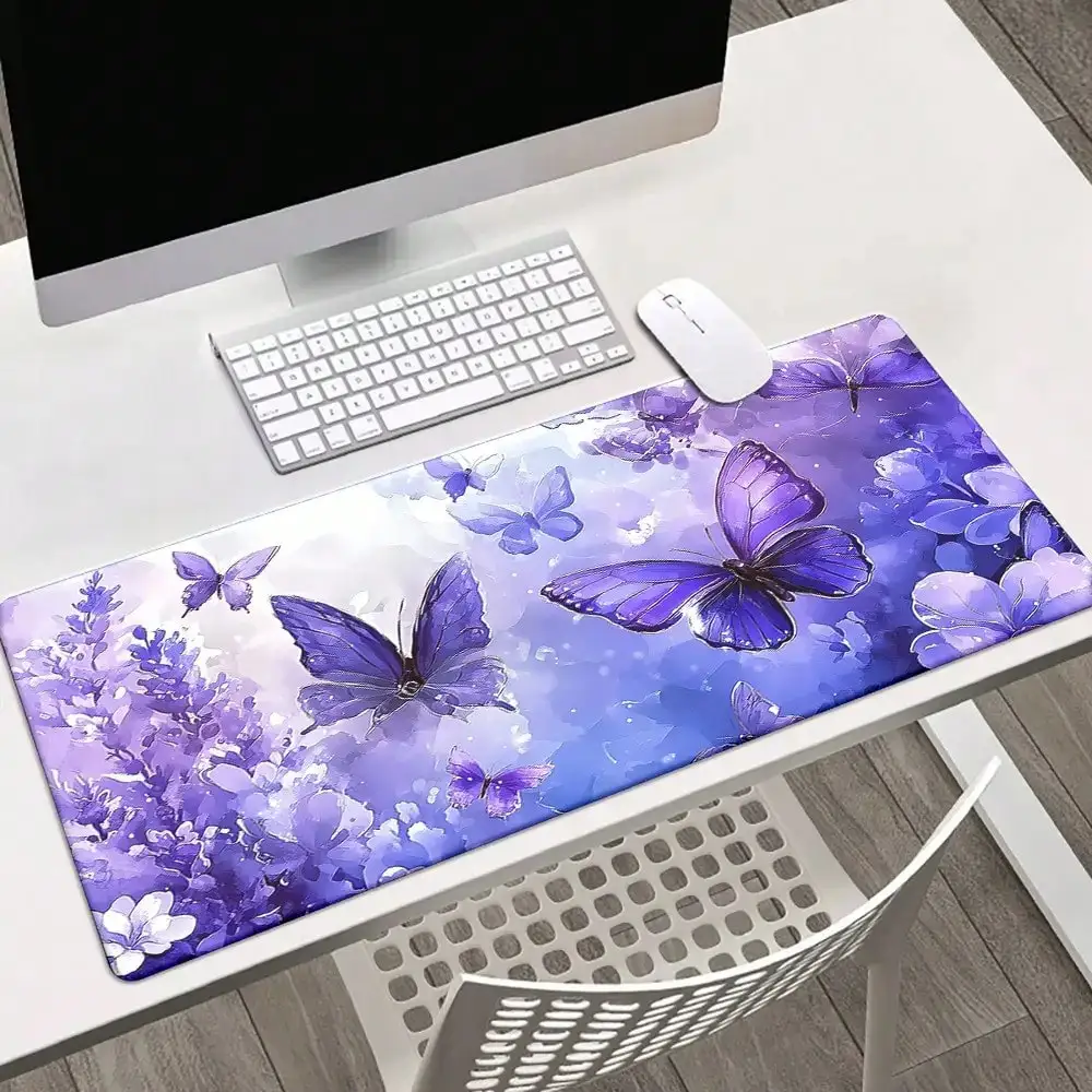 Large Rectangular Purple Gaming Mouse Pad & Desk - Non-Slip Waterproof Surface With Lilac & Cherry Blossom Design, Soft Rubber Base For PC, Laptop, Computer