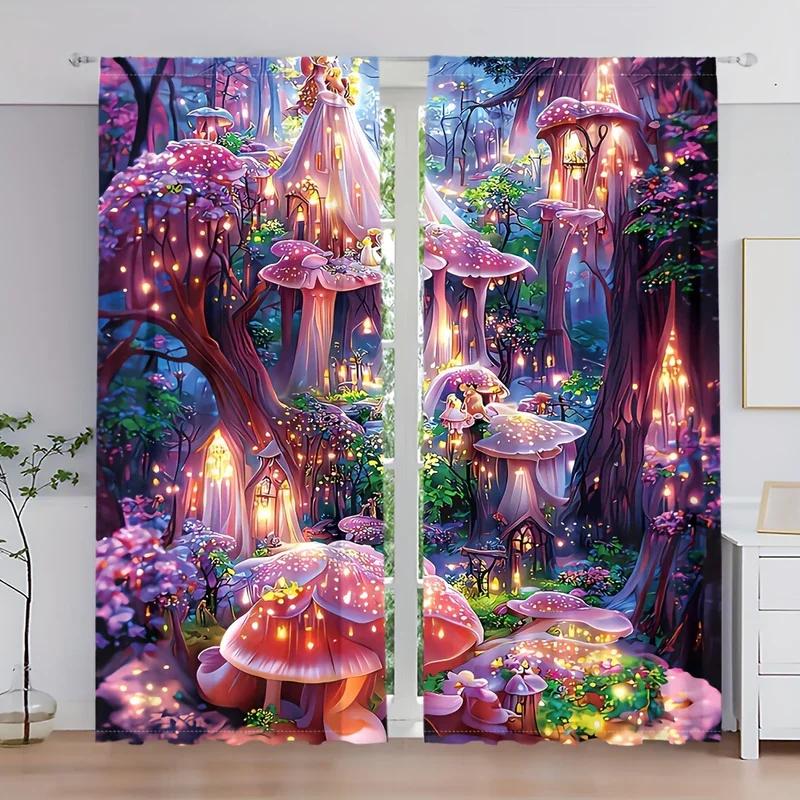 2PC Glowing Fairy Mushroom Forest Sheer Curtains Enchanted Fantasy Cottage Print Window Drapes for Bedroom Children's Room Decor