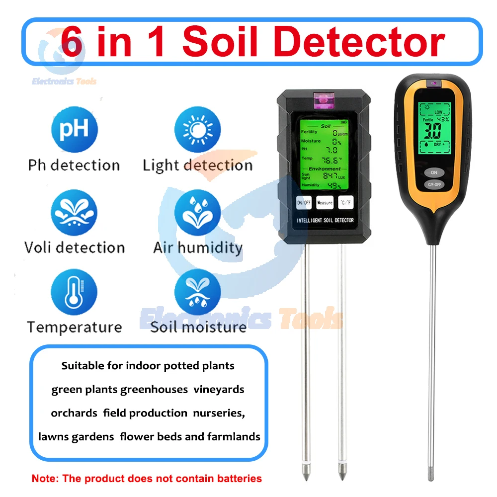 

6-in-1 Soil Tester Soil Fertility PH Temperature Moisture Environmental Sunlight Humidity Detect Gardening Soli Analyzer