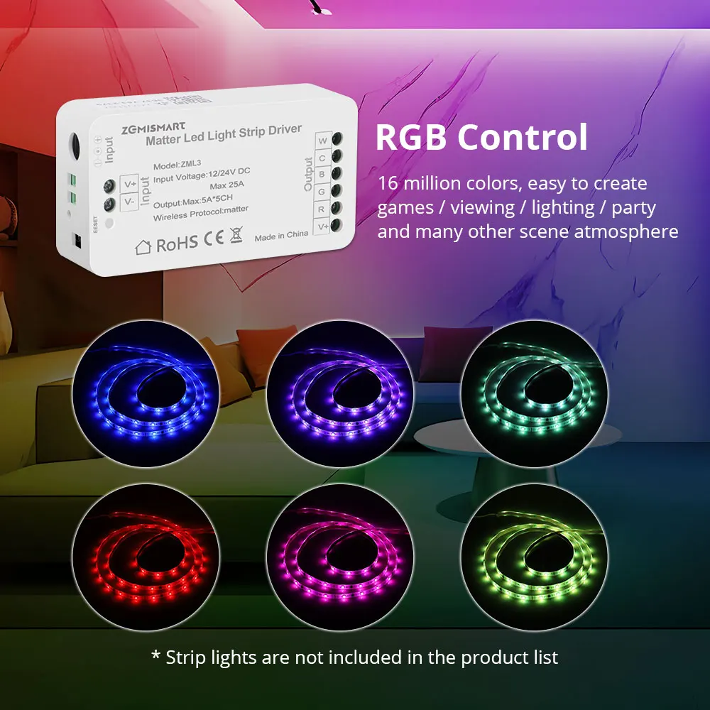 Zemismart Matter WiFi Led Light Strip Driver RGBCW Smart Led Controller Support Alexa Google Home Smartthings App Control