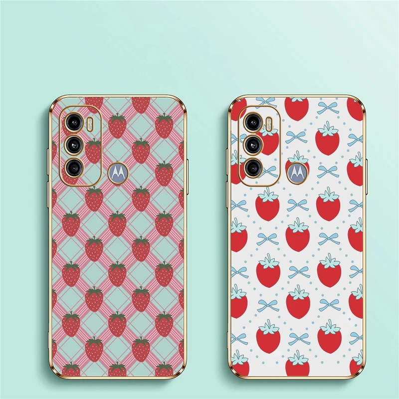 Motorola Moto G60 G53 G52 G50 G40 Fusion G30 G22 G10 E20 E7i Edge 20 G Stylus用 スマホケース プラチナメッキ ストロベリープリントカバー