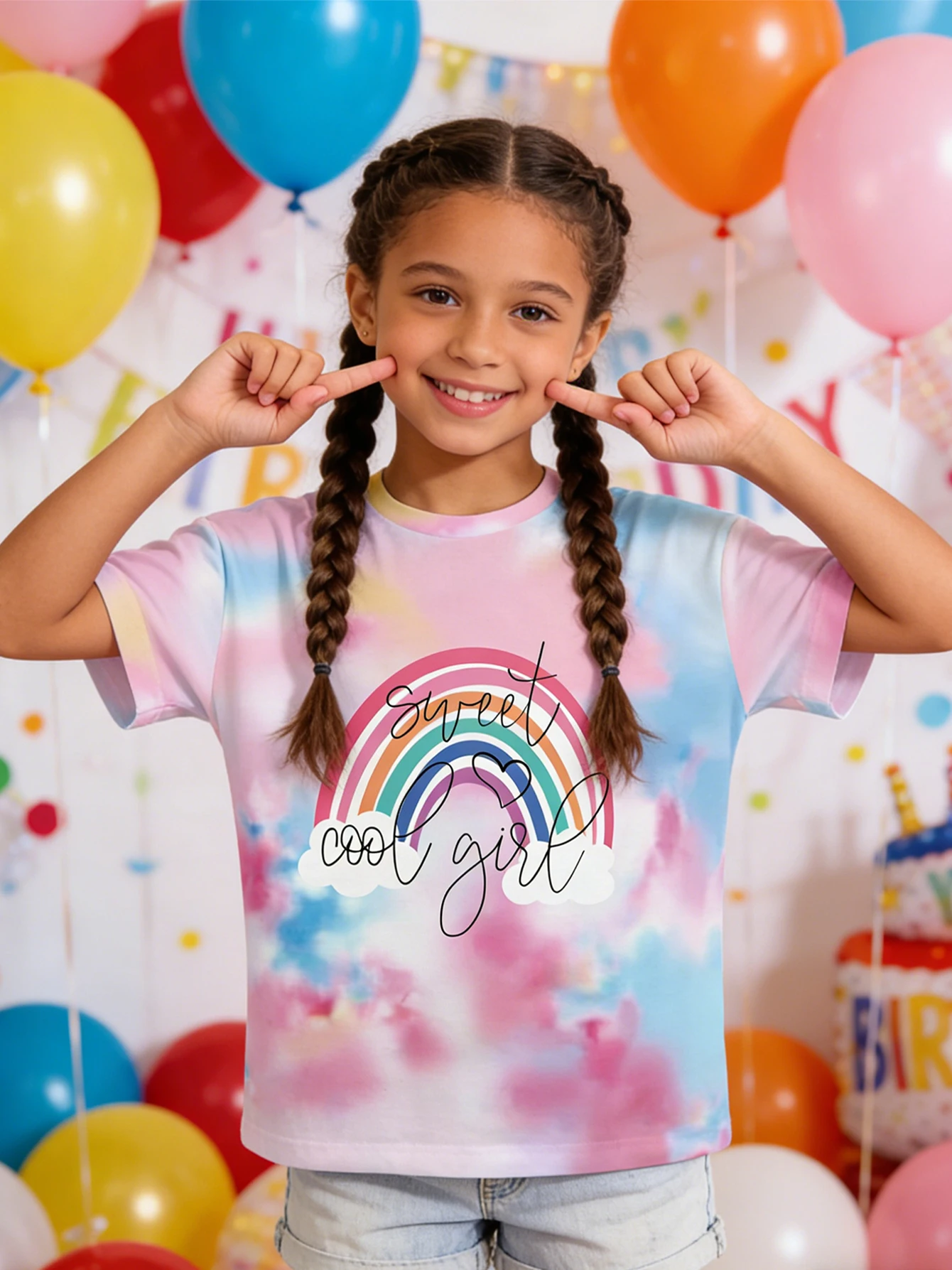 2026 girls pink and blue gradual change tie-dye printed short-sleeved T-shirt, sweet casual top