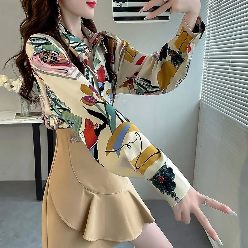 Spring Vintage Women New Long Sleeves Flip Collar Printing Shirt 2024 Niche Temperament Fashion Chiffon Luxury All-match Tops