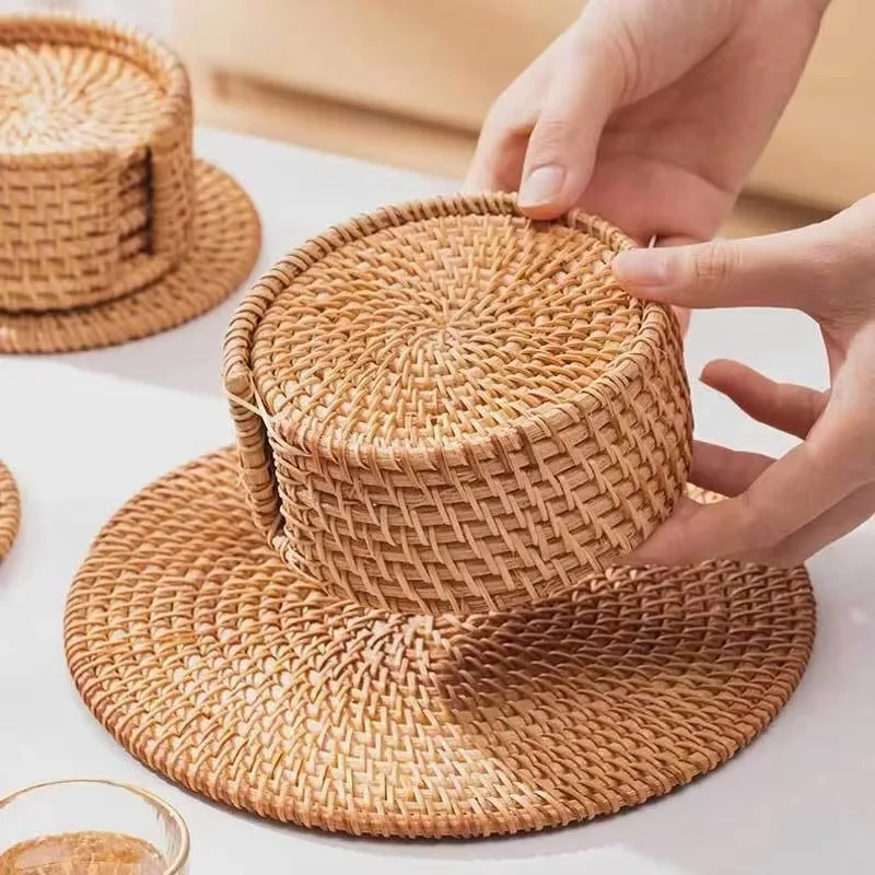 

Placemat Pad Coasters Kitchen Table Mats Rattan Coaster Bowl Mats Padding Mat Insulation Pad Round Placemats Hand-made Table Mat