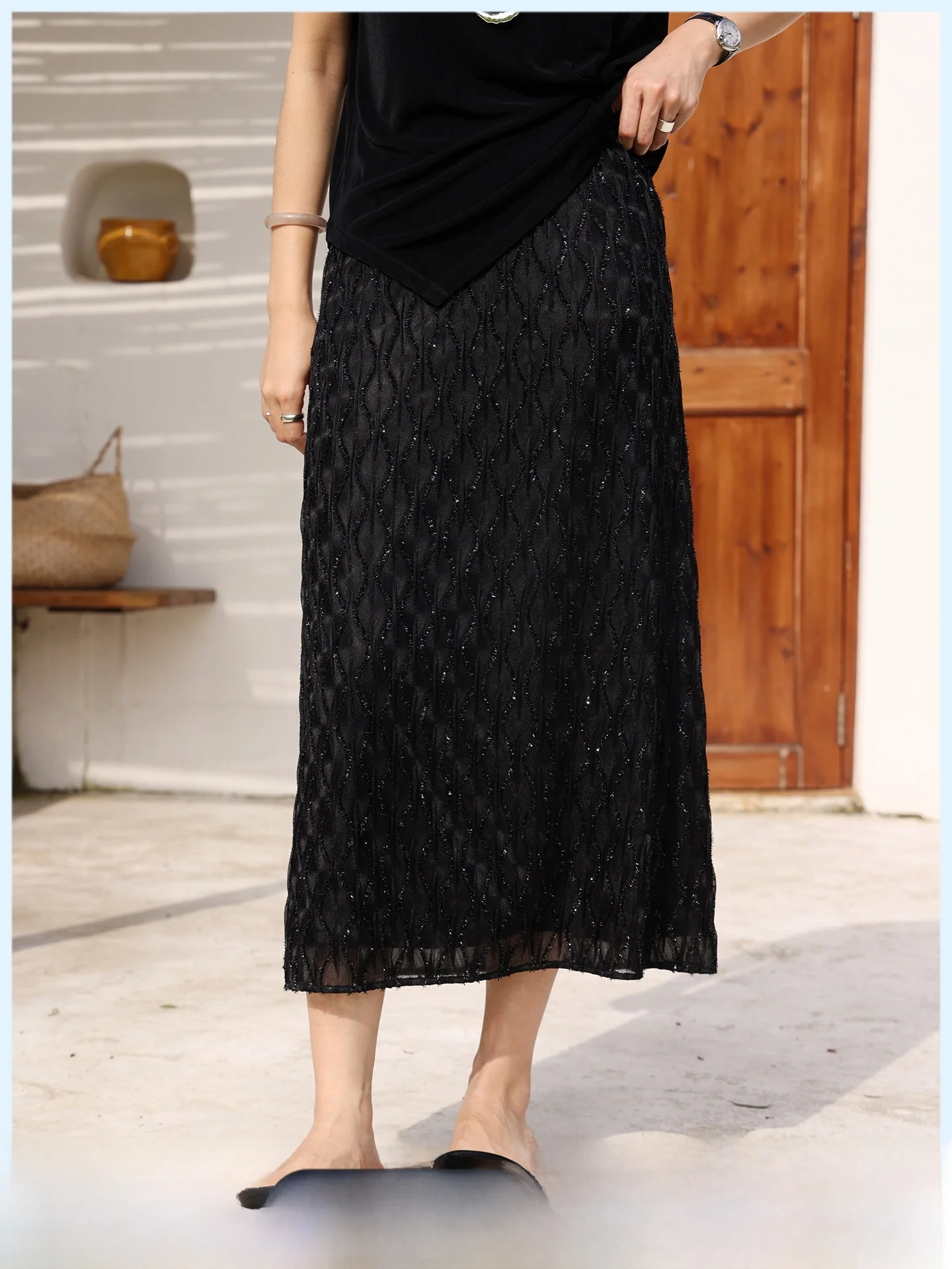 

Shiny Mesh Half Skirt High Waist Midi Length Women's Fashion Summer New Style Slimming Straight Cut A-Line Skirt