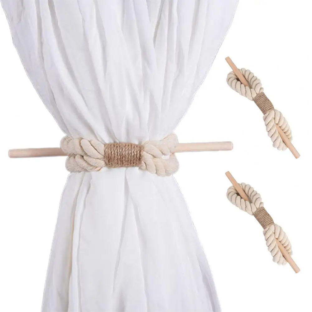 2Pcs Cotton Rope Curtain Tieback With Wooden Stick Handmade Boho Rustic Farmhouse Home Decor Curtain Drape Tie Back Holderback