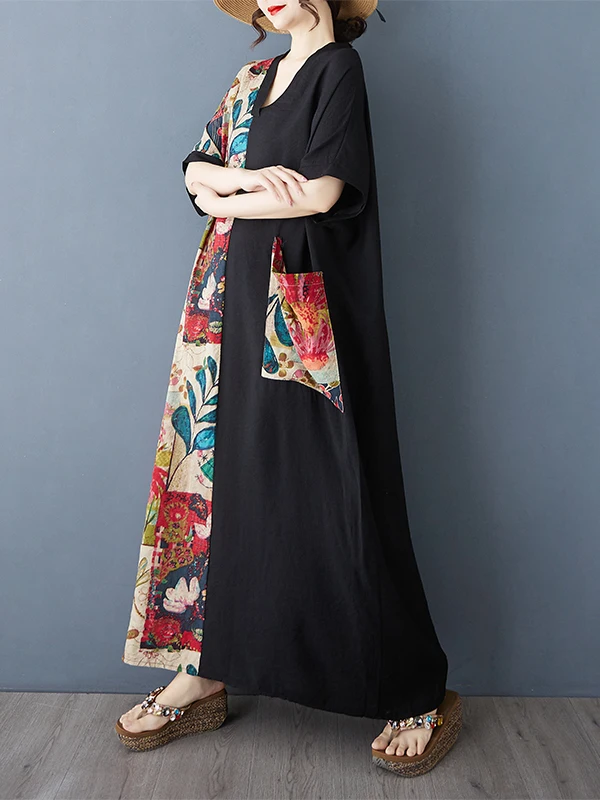 Letnia sukienka plus size z dekoltem w serek, z nadrukiem, z bawełny i lnu, wyszczuplająca, z długim rękawem, damska, modna, wygodna, w kształcie litery A.