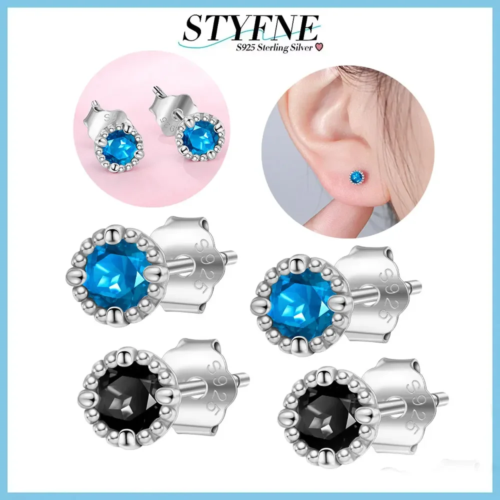 Real Sterling Silver 925 Sparkling Bead Edge Blue Round Diamond Zircon Earrings Women's High-end Fine Jewelry Gifts