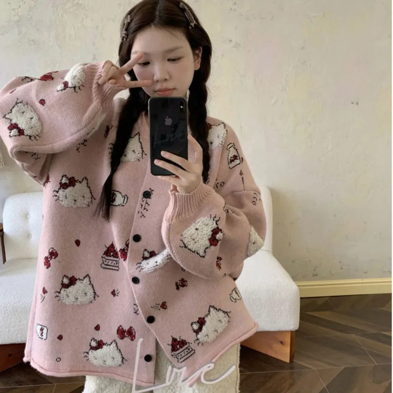 New Hello Kittys Women Round Neck Knitted Sweater Cardigan Kawaii Loose Casual Cute Sweater Soft Warm Knitted Tops Sweet Coat