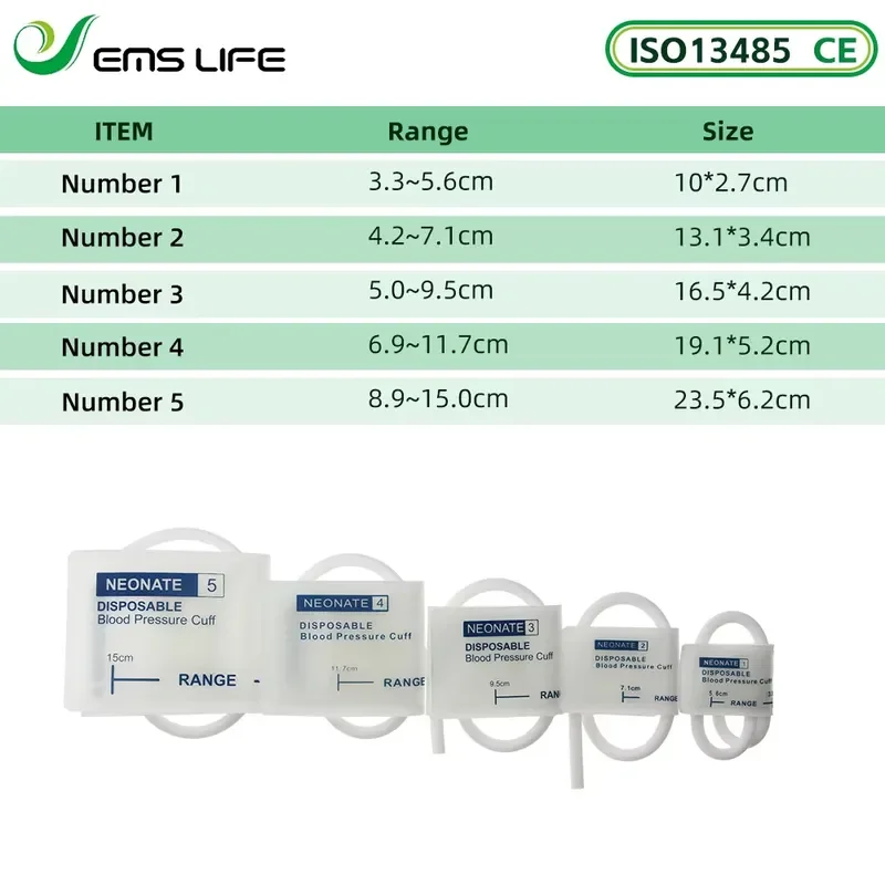 EMSLIFE Neonate Pressure Cuff Kit 5 Sizes Single/Dual Tube EOS Disinfecting CE Certified Class I for Patient
