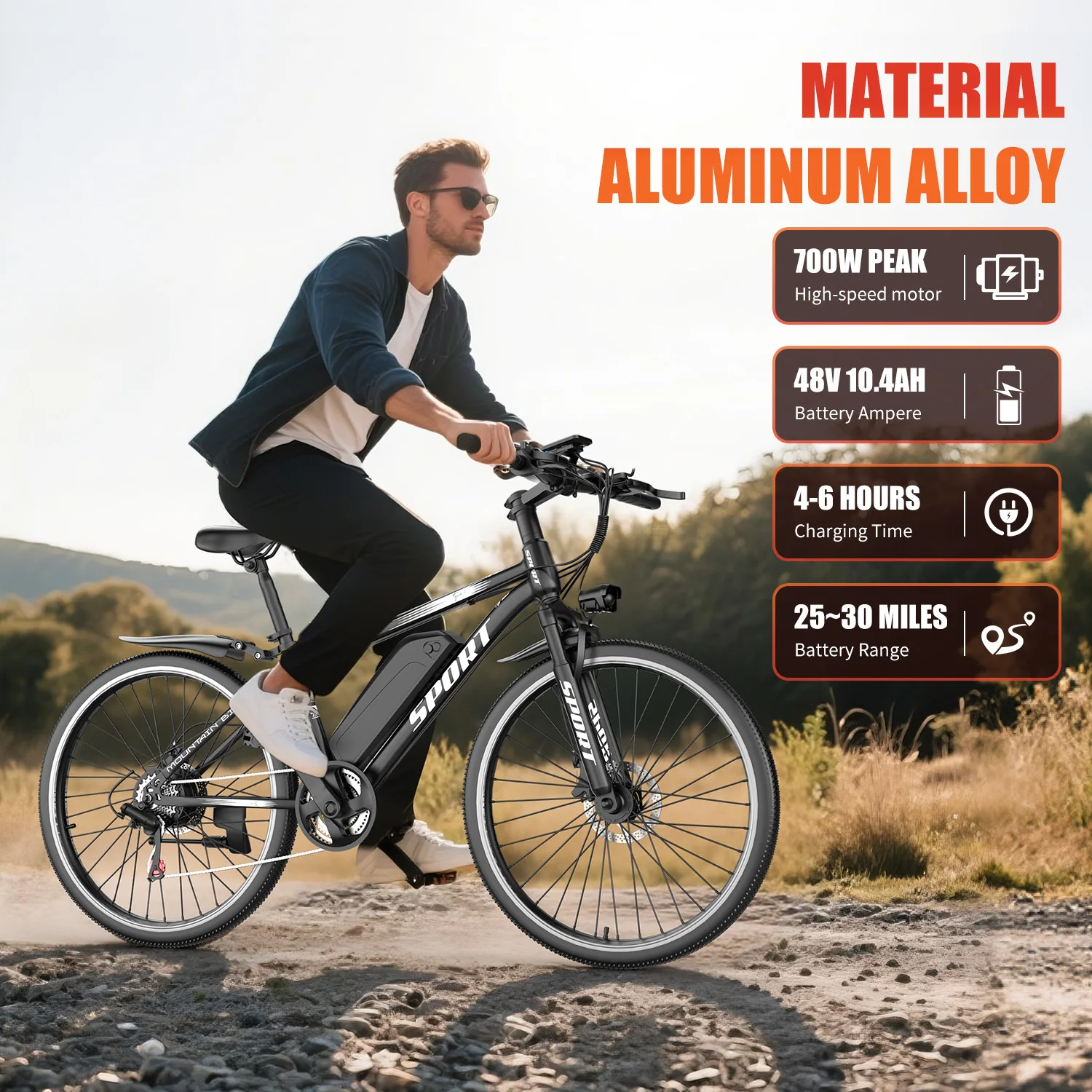 

Mountain electric bicycle, 26 inch tires, peak 1000W motor, IPX7 waterproof, SHIMANO transmission, range of 35 miles, E-BIKE