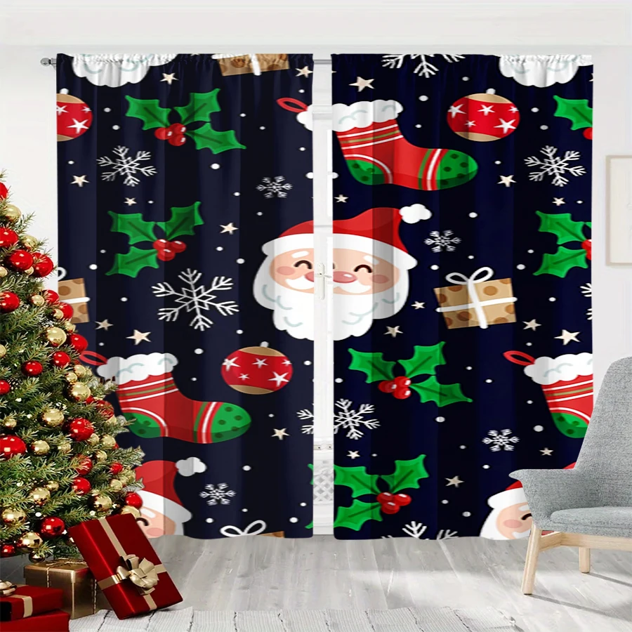2PCS Christmas Winter Curtains, Cartoon Santa Stocking Holly Snowflake Gift Navy, Digital Print, Bedroom Living Room, Home Decor