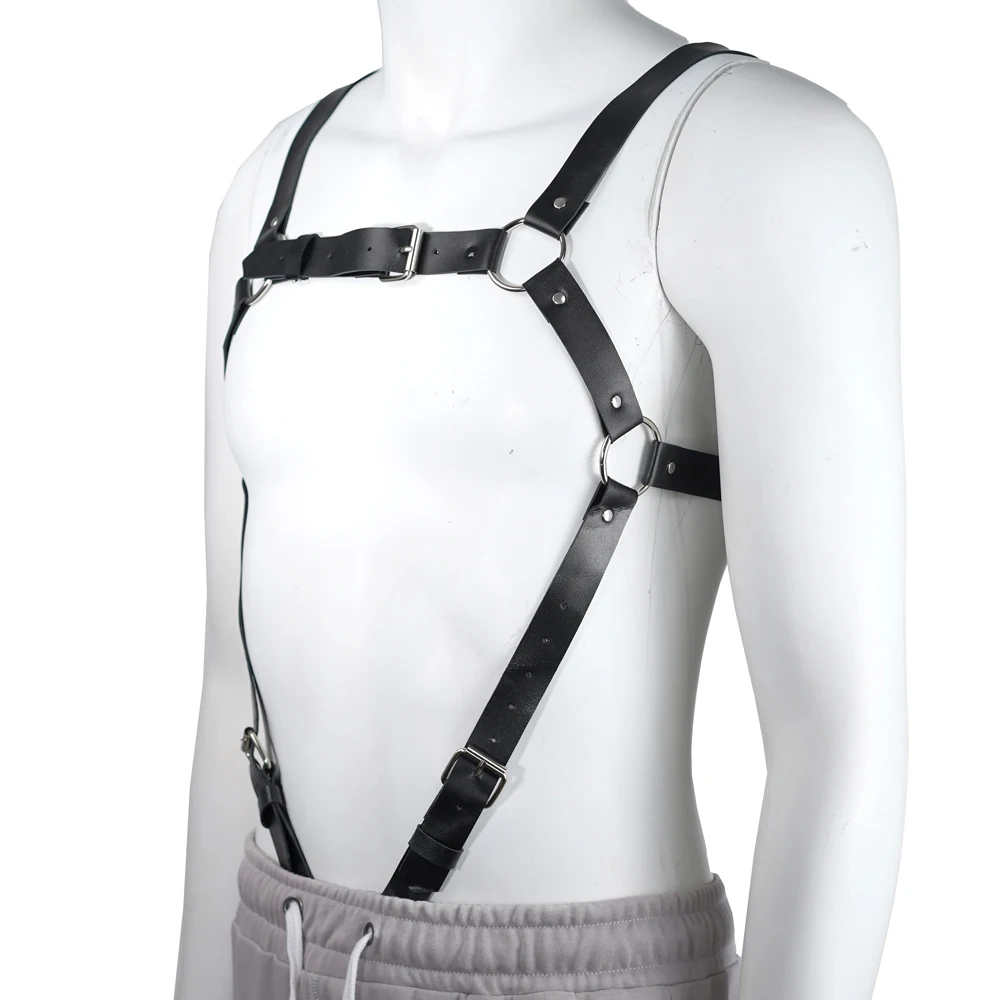 Men Harness BDSM Gay Pu Leather Studded Decor Harness Suspenres Adjustable Sex Bondage Harness Fetish Clothing