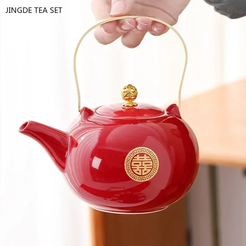 Red Ceramic Teaware Suit Chinese Wedding Tea Set Handmade Tea Pot and Cup Set Customized Household Porcelain Beauty Teacup