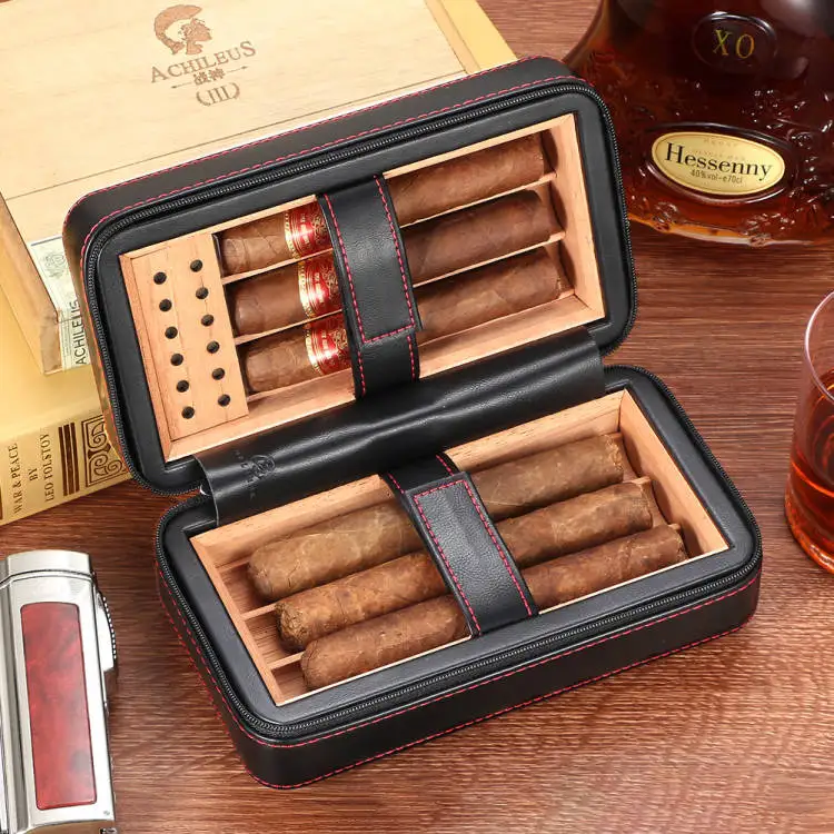 Galiner Leather Cigar Humidor Box Travel Portable Cedar Wood Cigar Case 4 Holder Cigar Box W/ Humidifier Hygrometer Gift Box