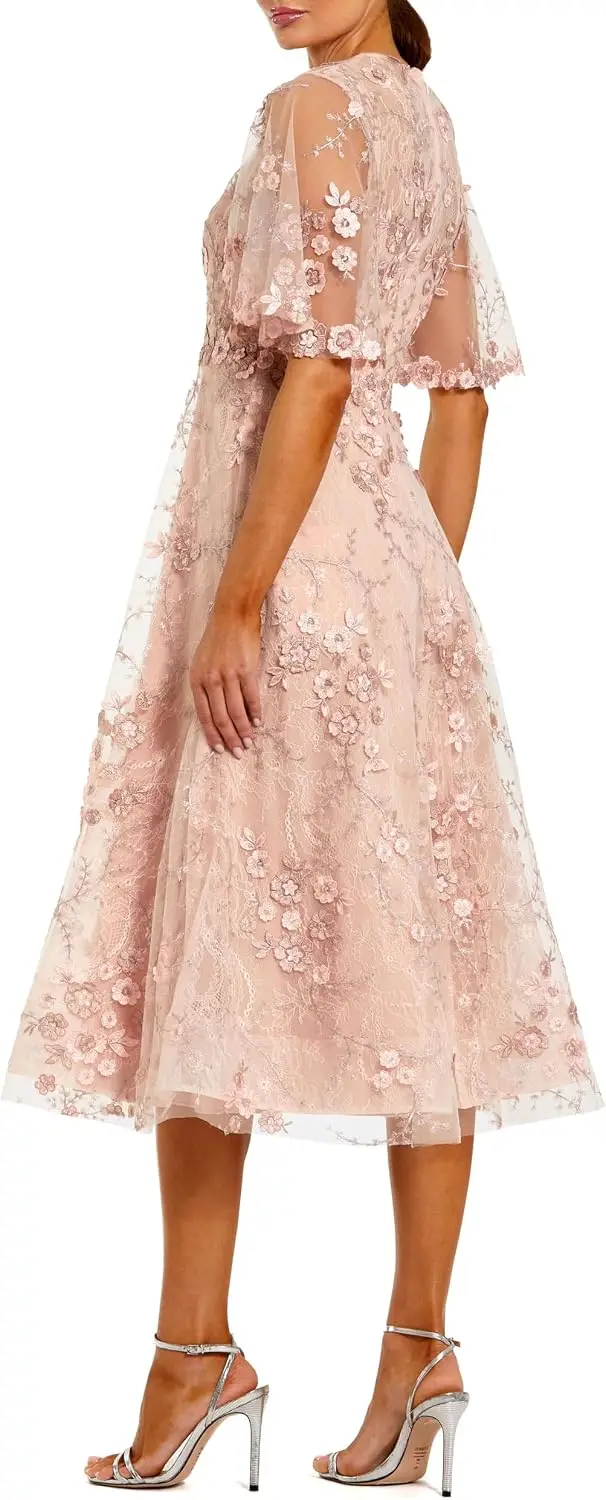 Flutter Sleeve Floral Emboridered Midi Dress Short Elegant Wedding Guest Dress
