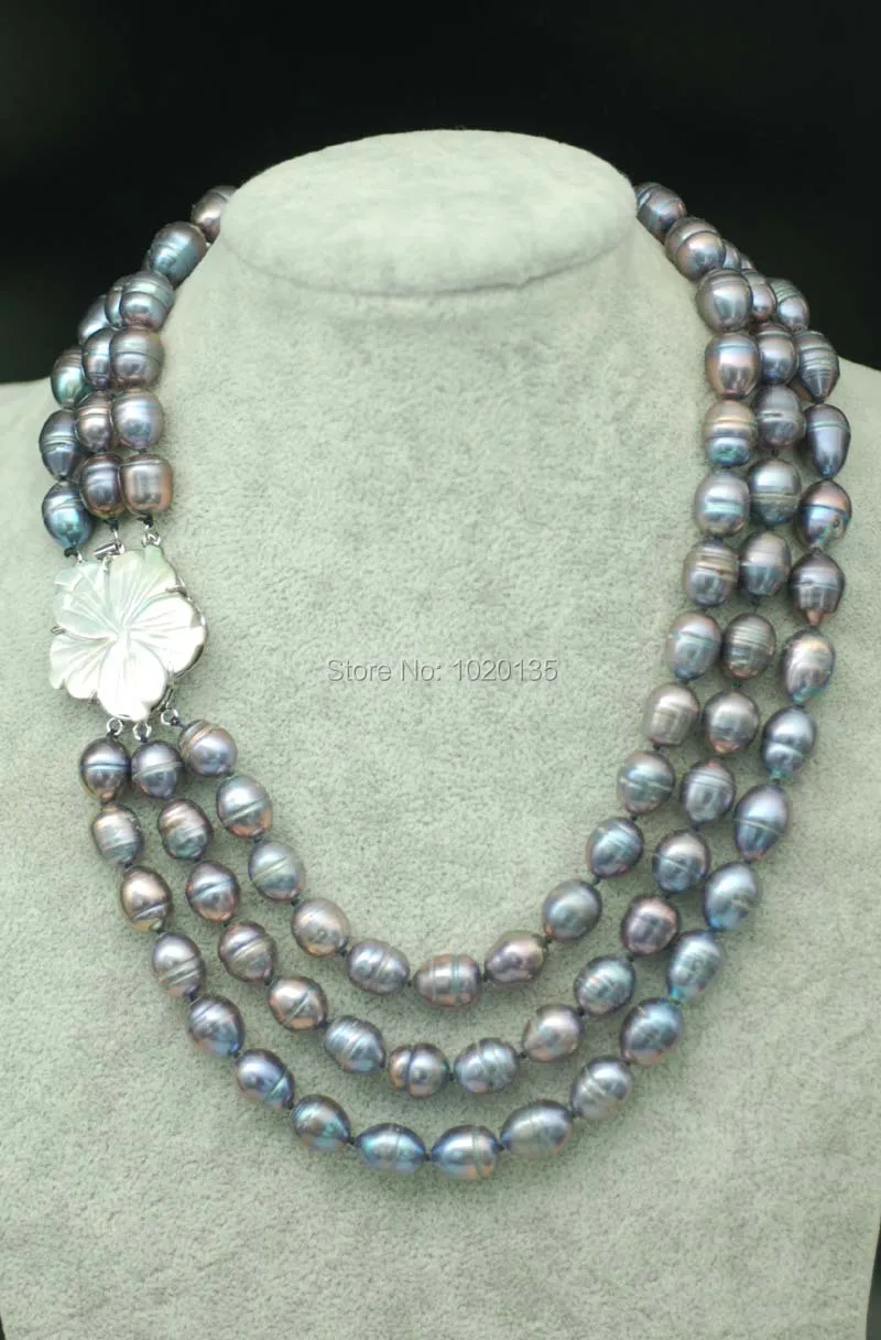 

3rows freshwater pearl necklace black egg 10-13mm 17-19" nature wholesale beads