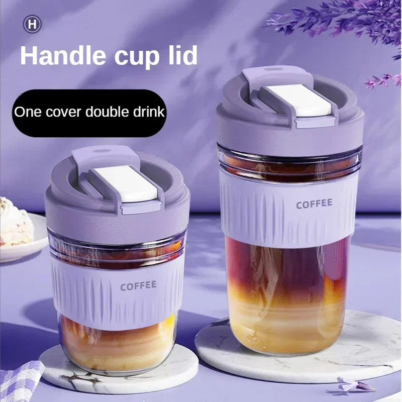 Cute Water Bottles for Girls，cups with Lids and Straws Coffee Cup Glass Water Cup High Face Value Straw Cup Portable