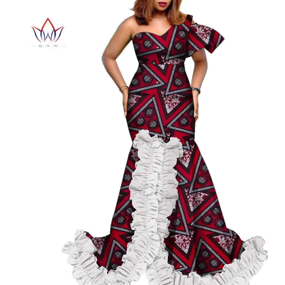 BintaRealWax African Dresses Vintage Plus Size Clothing for Women Elegant Africa Wax Print Strapless Floor- Length Dress WY1700