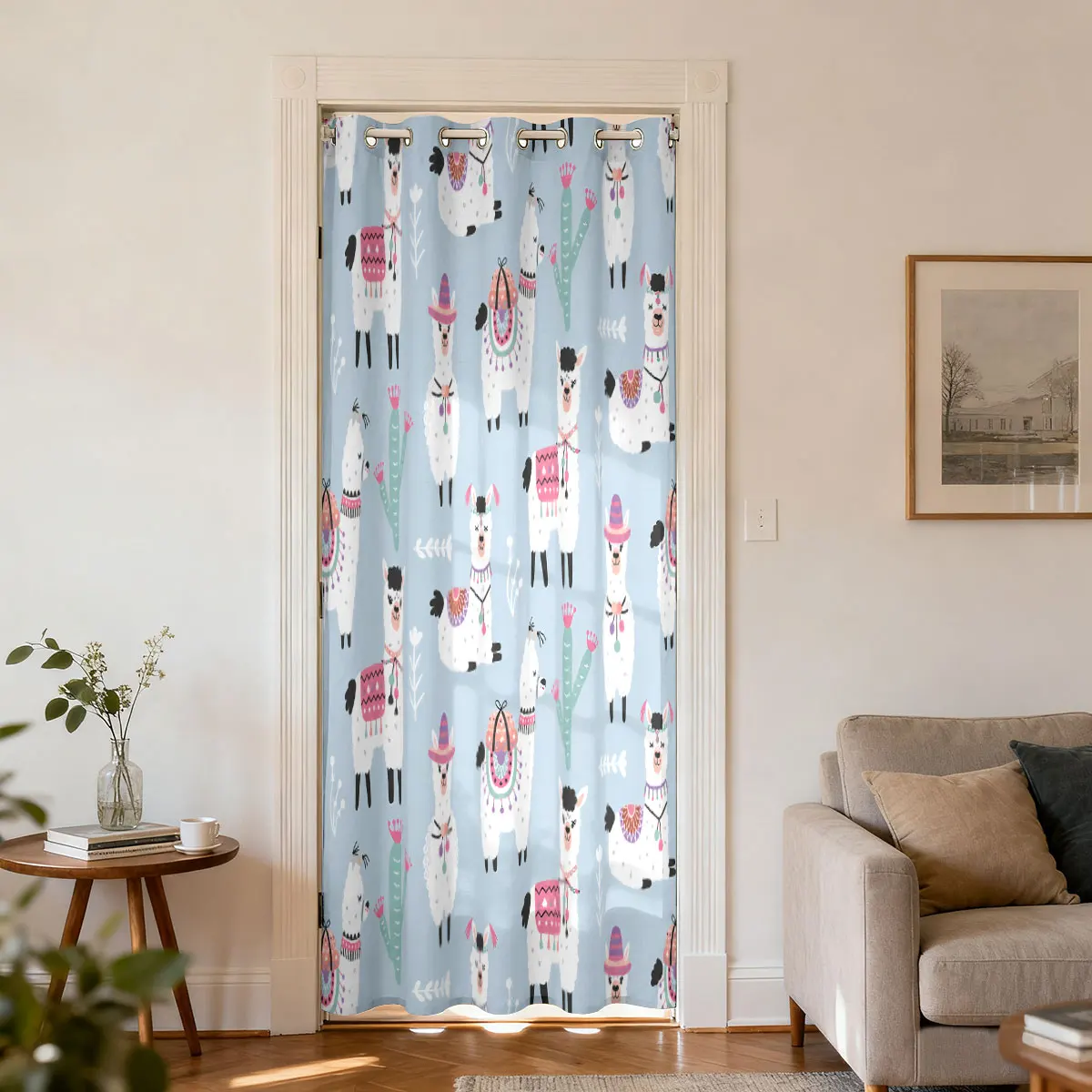 Cartoon Alpaca & Cactus Pattern Single Panel Loop Top Curtain 1PC, Hanging Door Curtain For Living Room Bedroom, Stylish Home