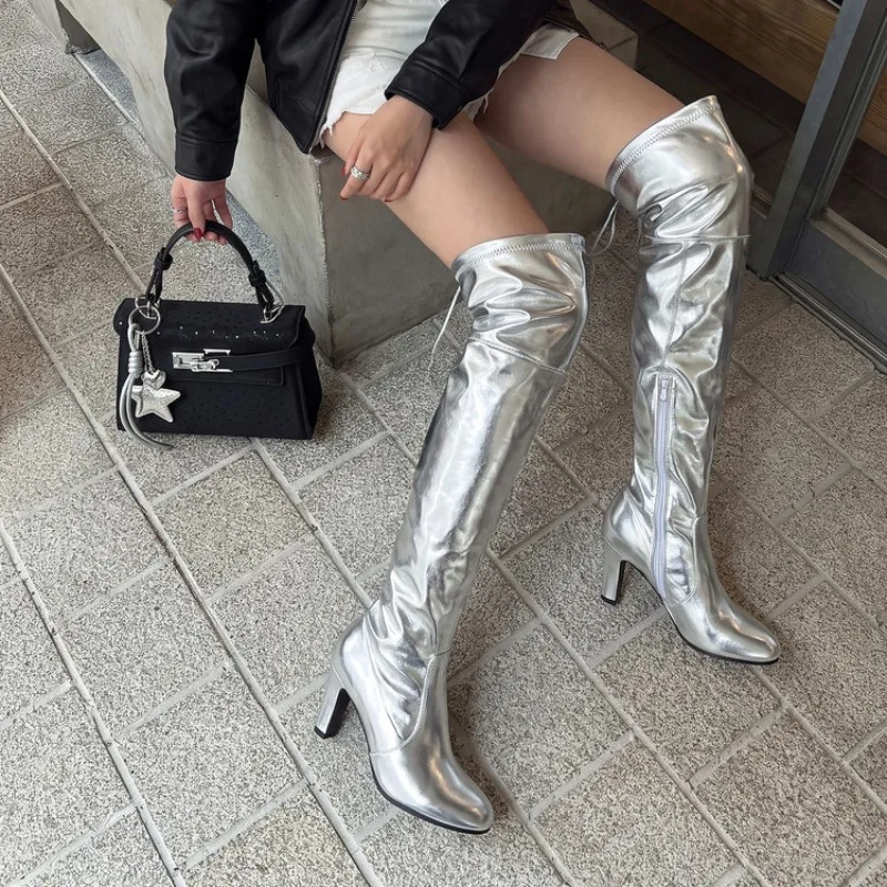 Sexy Thigh High Long Boots for Women Metallic Patent Leather Thin Heels Over The Knee Stretch Booties Concert Disco Shoes