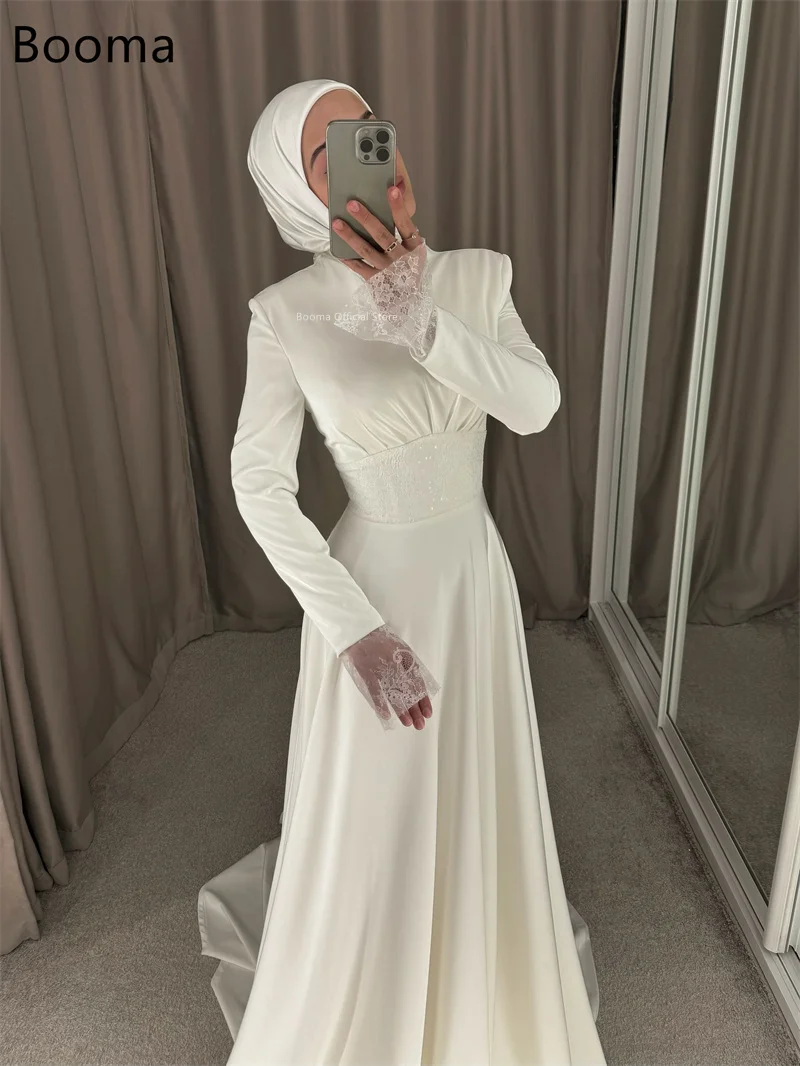 Booma-vestidos de novia elegantes de satén y encaje, corte en A, largo hasta el suelo, manga larga, hecho a medida, Arabia Saudita 2025