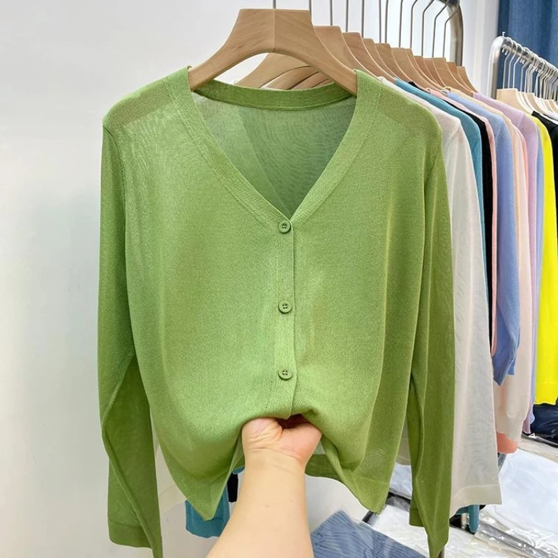 

Ice Silk Knitted Cardigan for Women's Thin Seaside Sun Protection Jacket White Shawl Summer Long-sleeved Air Conditioning Shirt