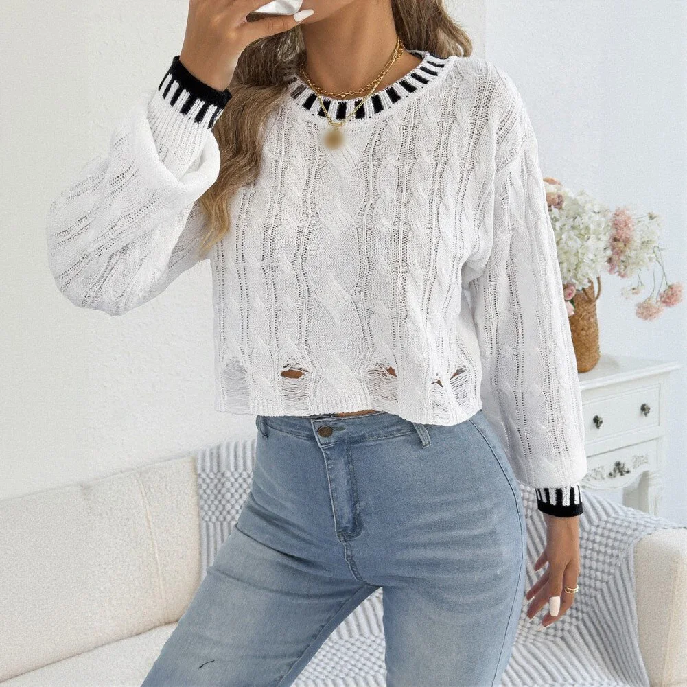 Women's Cropped Distressed Cable Knit Sweater with Contrast Stripes Long Sleeve Knitwear for Casual Outdoor Activities