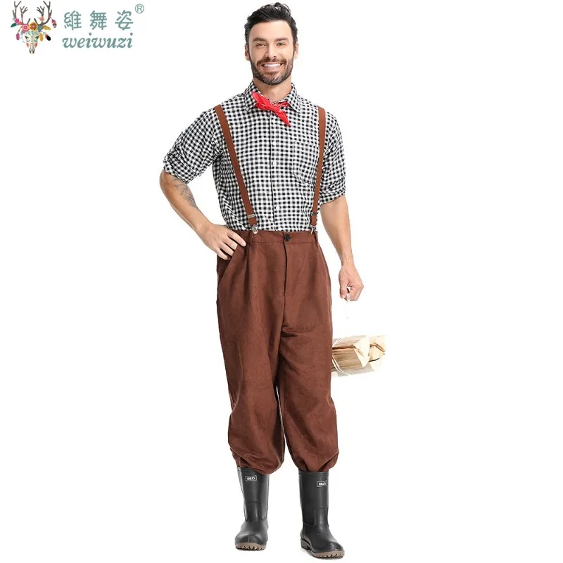 

Adult Suspenders Plaid Farmer Cosplay Work Clothes Medieval Colonial Costume Halloween Carnival Party Stage Performance Dress Up