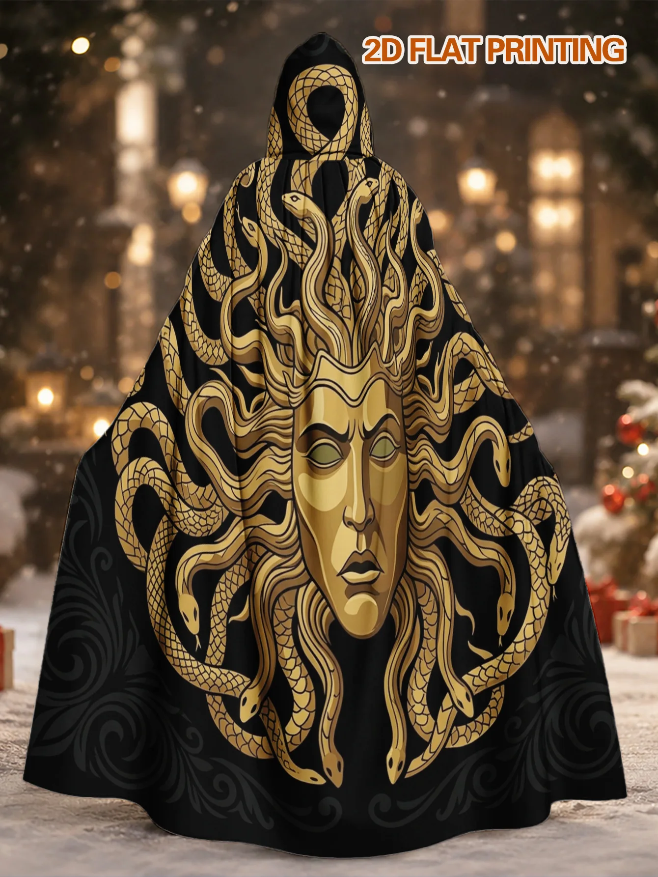Customization 1pc Men' Adult Hooded Robe & Cape Costume With Mythical Golden Serpent Pattern - Stretchable Polyester Hooded Cape