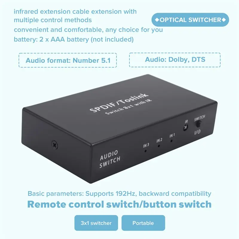 AED6-Optical Switcher With 2 Way Spdif Toslink Optical Digital Audio Splitter 3 In 1 Out With IR Remote Control Switch