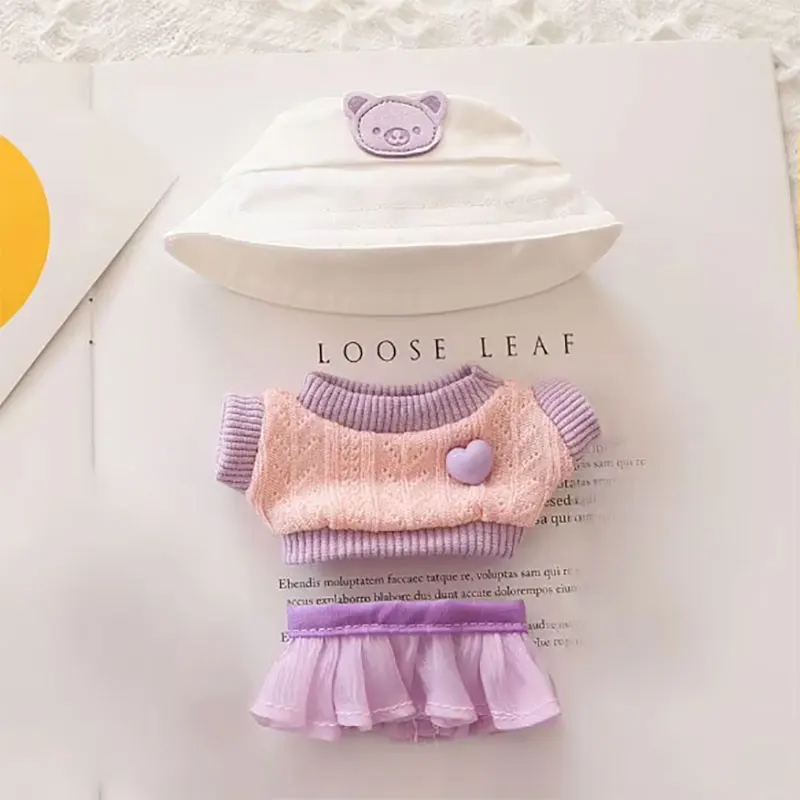 Vêtements de poupée en peluche faits à la main, couleur unie, chapeau décontracté, pull en tricot, jupe en fil, ensemble doux pour accessoires de vêtements Labubu de 17cm