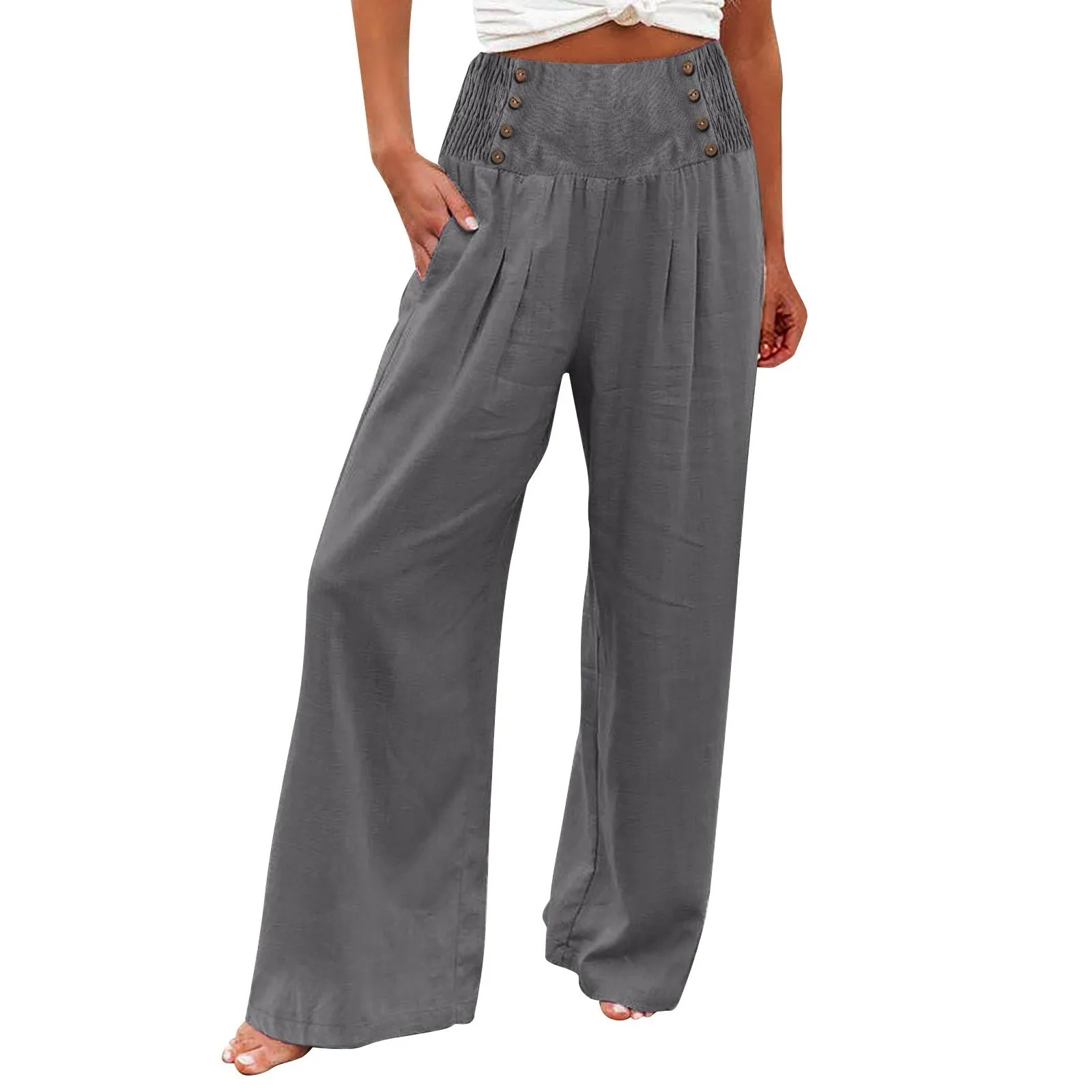 

Summer Cotton Linen Solid Color Elastic High Waist Wide Leg Pants For Women Loose Palazzo Pocket Button Casual Basic Long Pants