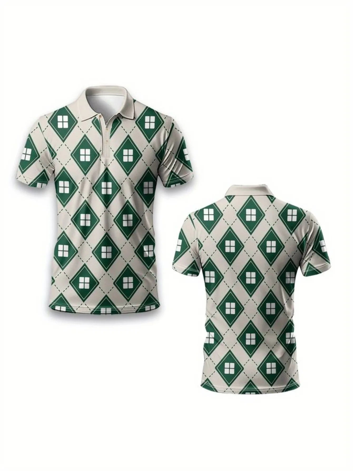 2026 Summer New Style Men's Short-Sleeved Polo Shirt with 3D Check Pattern Print Street Casual Fashion Soft and Comfortable