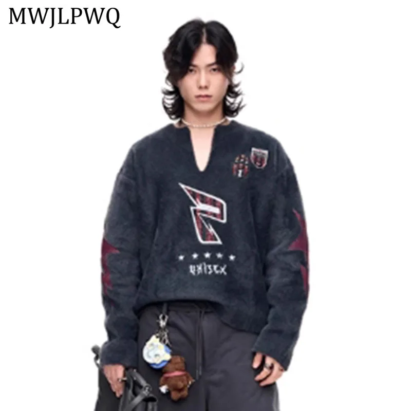 

MWJLPWQ Print Faux Fur V-neck Pullover Sweater Male High Street Gray Unisex Knitwear Loose Casual Tops 2025 Autumn New 11206