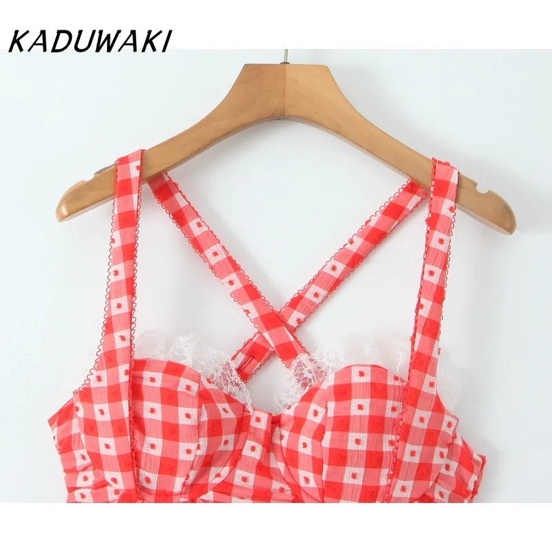 KADUWAKI Sexy Red Plaid Dot Low Chest Wire Corset Style Fold Ruchedes Women Lace Hem Skinny Package Hips Mini Robe