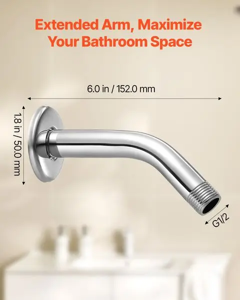 シャワーヘッドアーム フランジ付き 6 インチ 壁取り付け ステンレススチール クローム仕上げ