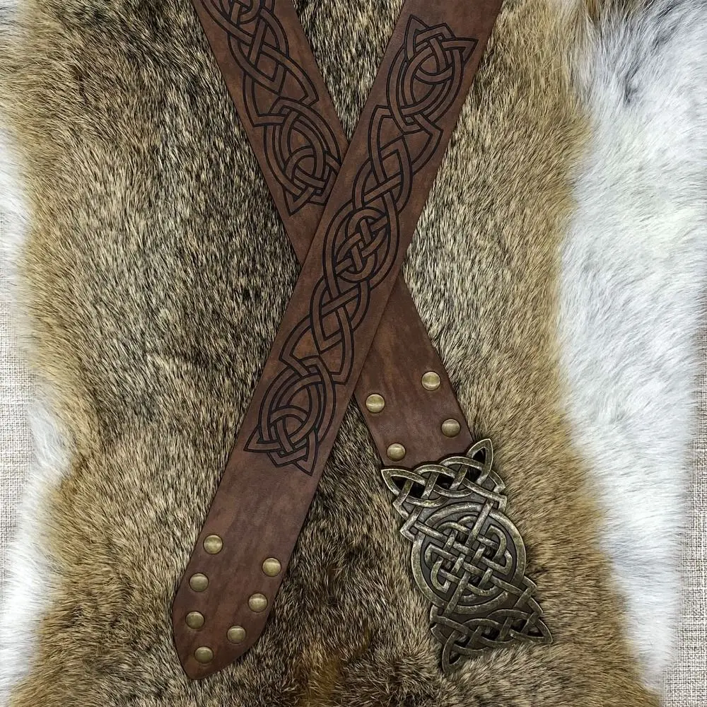 Interesting Embossed Viking Renaissance Buckle Belt PU Printing Celtic Belt Knight Leather Medieval Waistband Decorations