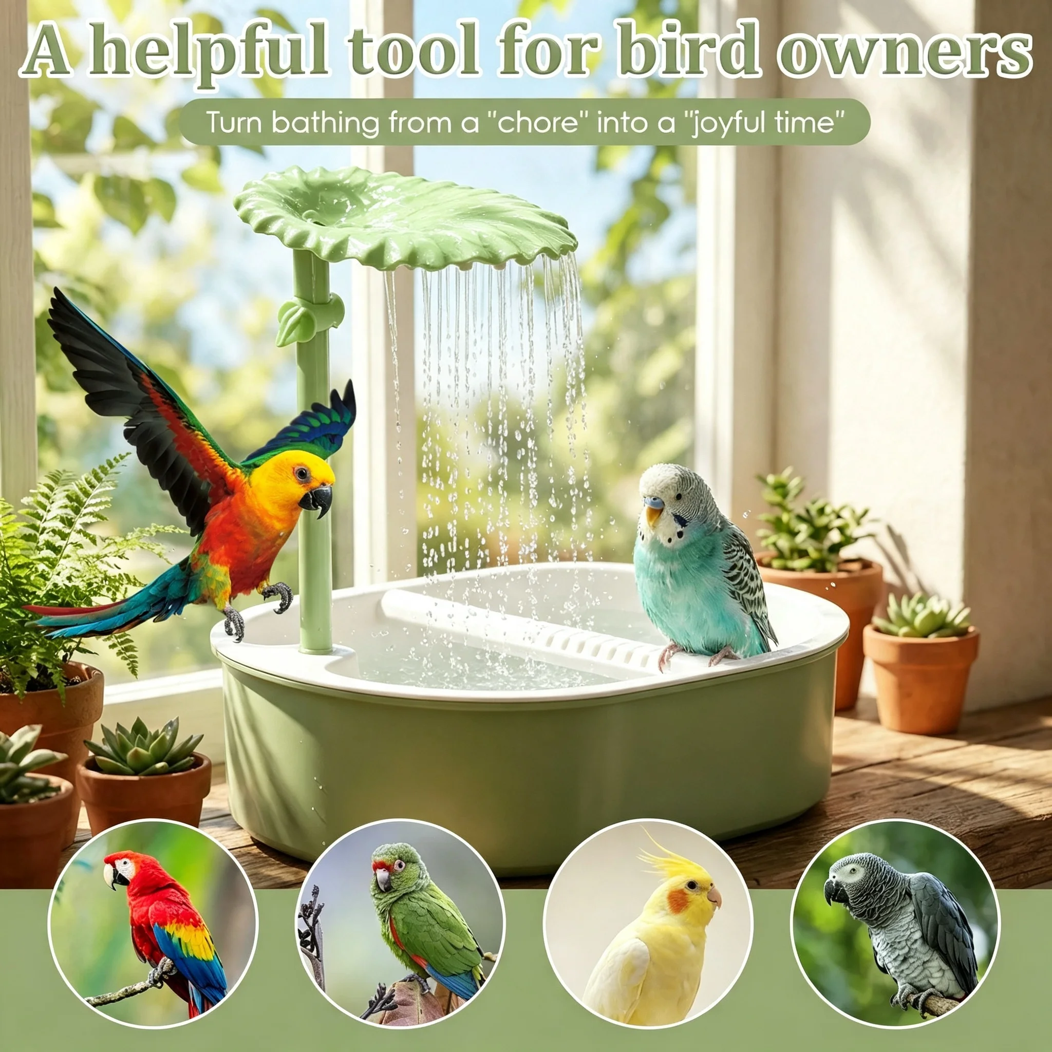 Automatic Parrot Bird Bath with Water Pump | Large-Capacity Water Fountain + Three Water Flow Modes | Leaf-Shaped Shower Device | Circulating Water Supply Design | Suitable for Cockatiels, Budgerigars, Conures, Cockatoos, Lovebirds, Finches, and Other Pet Birds