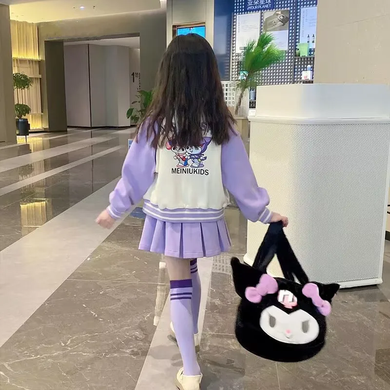 3Pcs Kawaii Sanrioed Anime Kuromi Children Preppy Baseball Uniform Set 2023 Autumn Girls Jacket Jk Skirt Kids Clothes Xmas Gift