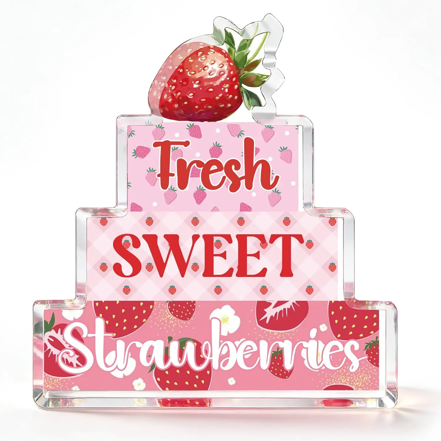 Strawberry Tiered Cake Shape Acrylic 2D Table Sign, Fresh Sweet Strawberries Print Desktop Decor, Thanksgiving Gift Christmas