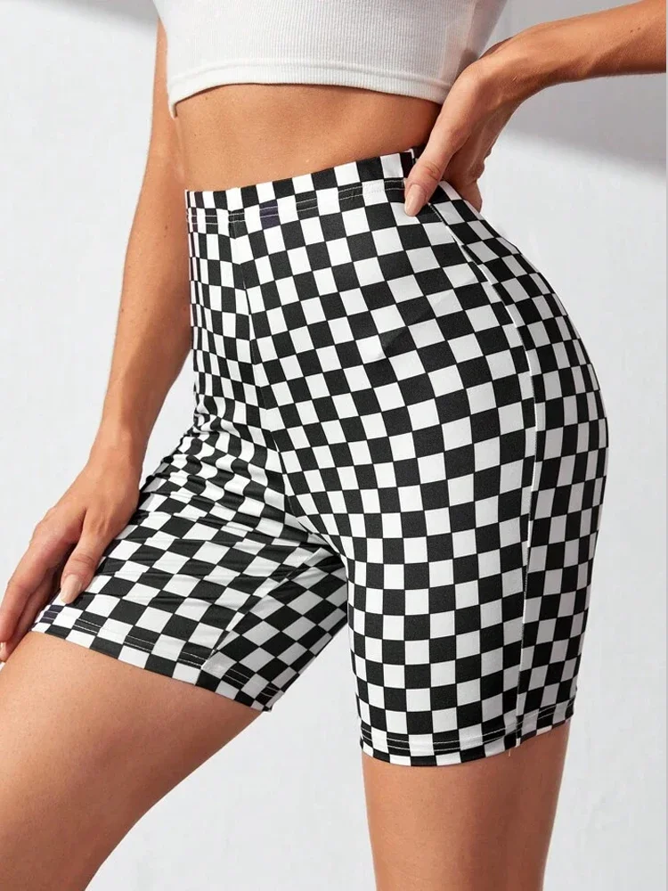 Bangniweigou Biker Shorts Cycling Black&white Checker Printed Fitness Jogging Bottoms Plaid