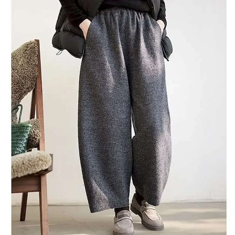 

Pop Lantern Pants Women Woolen Fabric Solid Design Casual Loose Korean Fashion Elastic Waisted Trousers Women Clothing Harem Pan