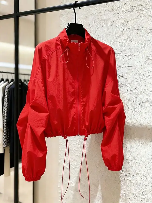 Stylish Anti-Uv Red High Collar Drawstring Women's Jacket Spring Fashionable Ageless Elegant Feel Good Top Outerwear