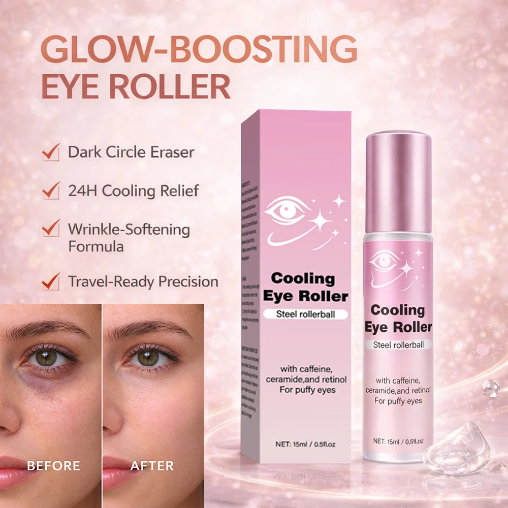 Under Eye Brightener with Cooling Metal Rollerball, Ceramide & Caffeine Eye Serum for Puffy Eyes Vegan Skincare 15ml/0.5fl.oz