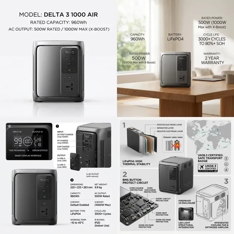 for DELTA 3 1000 Air Portable Power Station with Solar Panels Pure Sine Wave Inverter MPPT Surge Protector 1000W for Car CN